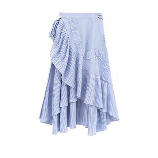 Striped Ruffle Midi A-line Skirt Blue - One Size