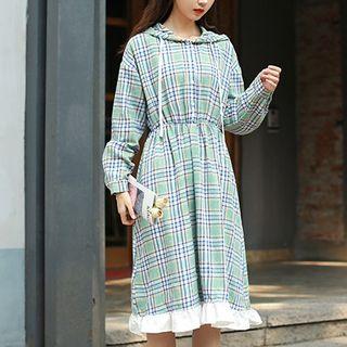 Long-sleeve Plaid Midi Hoodie Dress