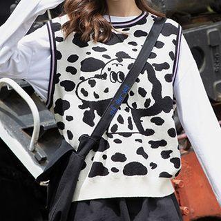 Contrast-trim Dog Print Knit Vest