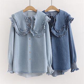 Layered Collar Frilled Trim Denim Shirt
