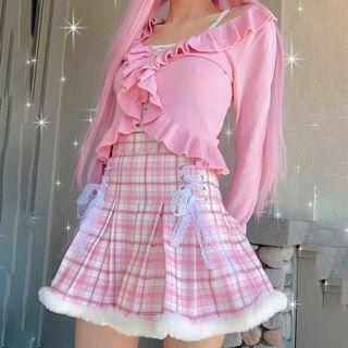Plaid Lace Ribbon Mini Skirt
