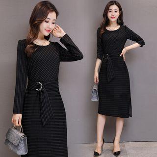 Asymmetric Long-sleeve Tie-front Midi A-line Dress