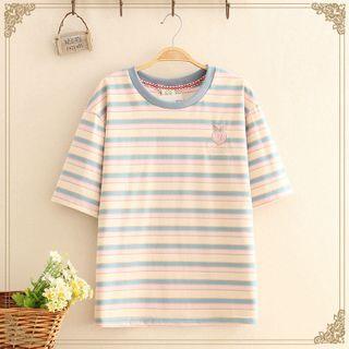 Peach Embroidered Striped Short-sleeve Tee