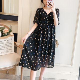 Elbow-sleeve Heart Print Midi A-line Dress