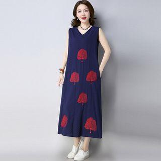 Tree Embroidered Sleeveless Midi Dress
