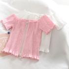Short-sleeve Zip Smocked Top