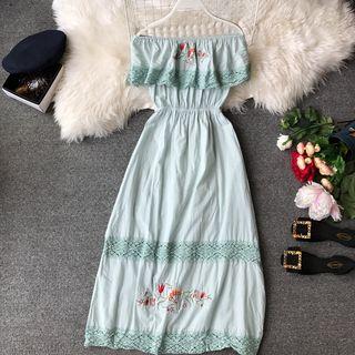 Off-shoulder Embroidered Crochet Lace Panel Midi A-line Dress