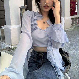 Set: Ruffle Light Jacket + Camisole Top Blue - One Size