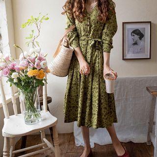 Half-placket Floral Print Dress With Sash