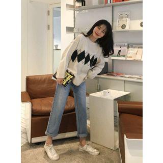 Crew-neck Argyle Boxy-fit Sweater