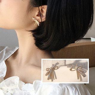 Rhinestone Bow Earring Gold & White - One Size