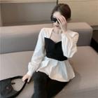Long-sleeve Color Block Peplum Top White & Black - One Size
