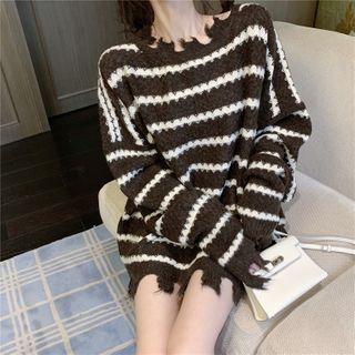 Fringed Striped Sweater Stripe - Brown & White - One Size