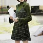 Bell-sleeve Plaid Mock Two-piece Mini Dress