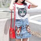 Set: Short-sleeve Animal Embroidered Top + Denim Mini Skirt