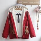 Bear Applique Hooded Padded Jacket / Lace Collar Blouse / Set