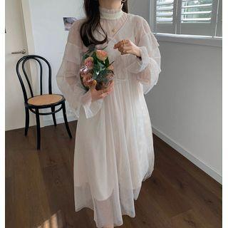 Set: Sheer Long-sleeve Midi A-line Dress + Slipdress Sheer Dress & Slipdress - White - One Size