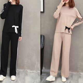 Set: Contrast-trim Sweater + Wide-leg Pants