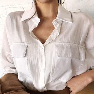 Drop-shoulder Flap-pocket Sheer Shirt