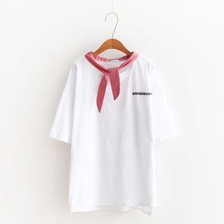 Lettering Elbow-sleeve Tie-neck T-shirt