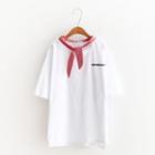 Lettering Elbow-sleeve Tie-neck T-shirt