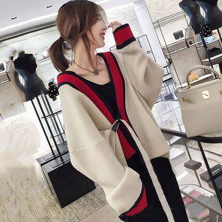 Color Block Tie Waist Cardigan / Sleeveless Midi Knit Dress / Set