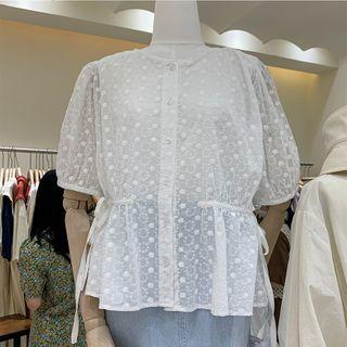 Round-neck Puff-sleeve Embroidered Floral Top