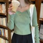 Long-sleeve Square-neck Cropped Plain Knit Top