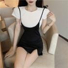 Plain Short Sleeve Top / Slit Spaghetti Strap Dress