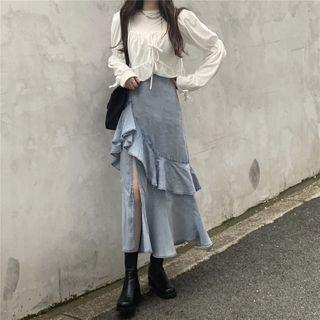 Tiered Ruffled Midi A-line Denim Skirt