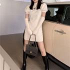 Set: Puff-sleeve Mock-neck Knit Mini Sheath Dress + Oversleeves