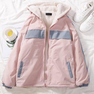 Faux Shearling Color-panel Hooded Zip Jacket