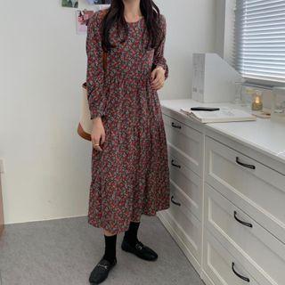 Long-sleeve Floral Print Midi Dress Red & Gray - One Size