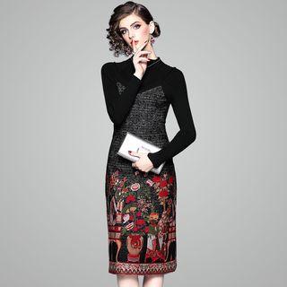Mock Two-piece Long-sleeve Print Midi Dress
