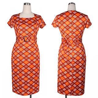 Short-sleeve Plaid Sheath Dress