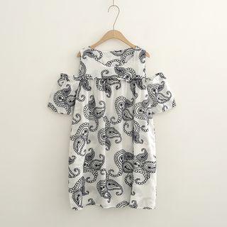 Paisley Embroidered Short-sleeve Cold-shoulder Dress