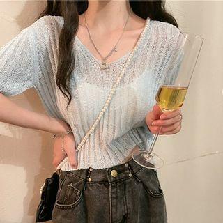 V-neck Plain Perforated Knit Top
