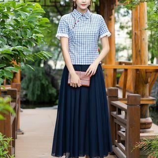 Traditional Chinese Short-sleeve Plaid Top / Midi Skirt