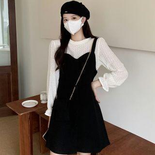 Spaghetti Strap Single-breasted Mini Dress / Round Neck Ruffle Trim Lace Top