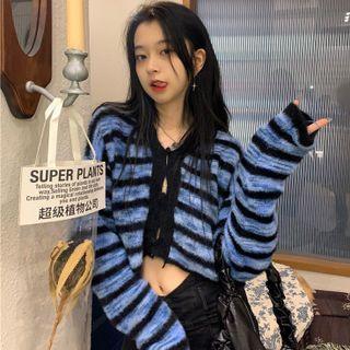Striped Fluffy Cardigan Stripe - Black & Blue - One Size