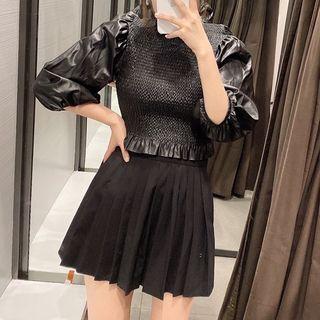 Puff-sleeve Faux Leather Top