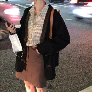 Long-sleeve Contrast Trim Jacket / Long-sleeve Striped Shirt