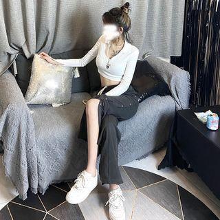 Long-sleeve Crop Polo Shirt / Wide Leg Pants