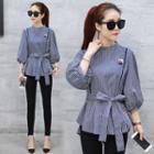 3/4-sleeve Bow-accent Striped Blouse