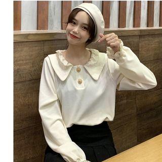 Lace Panel Long-sleeve Polo Shirt
