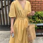 Short-sleeve Plain A-line Midi Dress Yellow - One Size