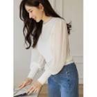 Pleated-sleeve Tulle-trim Knit Top