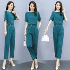 Set: Short Sleeve Contrast Trim Top + Paperbag-waist Cropped Dress Pants