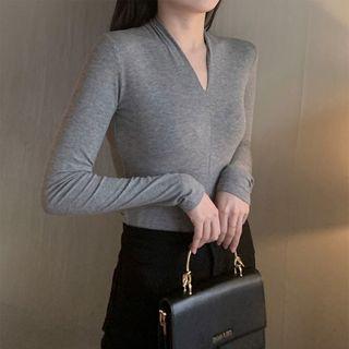 Long-sleeve V-neck T-shirt Gray - One Size