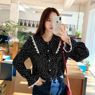 Sailor-collar Lace-trim Dotted Blouse Black - One Size